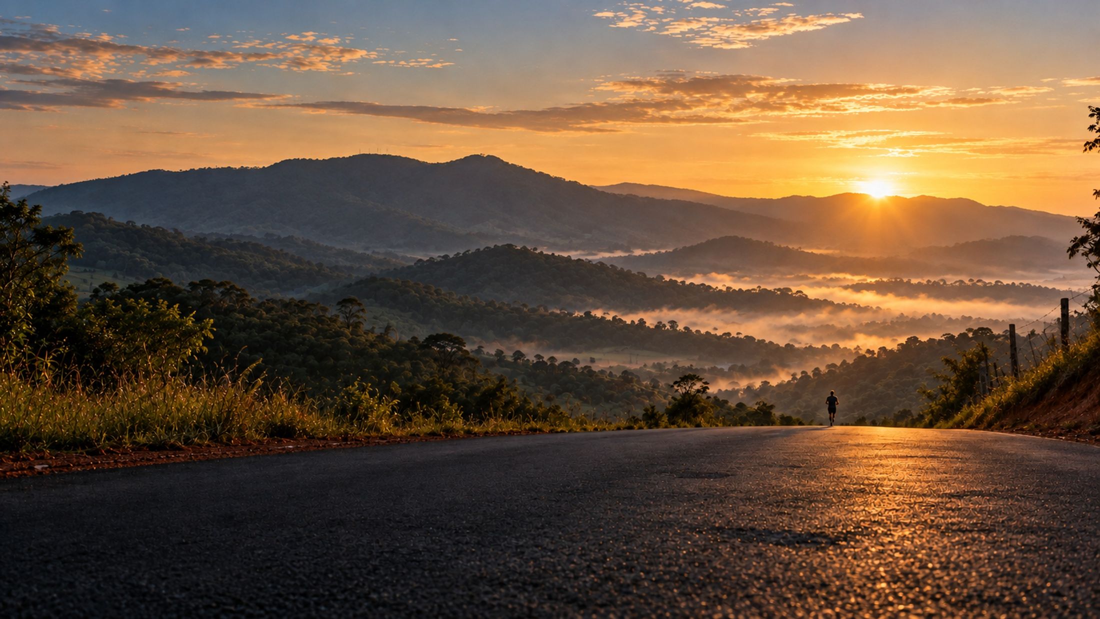 Serra do Japi ao amanhecer com um corredor ao longe na estrada